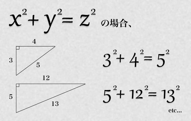 x^2+y^2=z^2の場合、3^2+4^2=5^,5^2+12^2=13^2 etc...