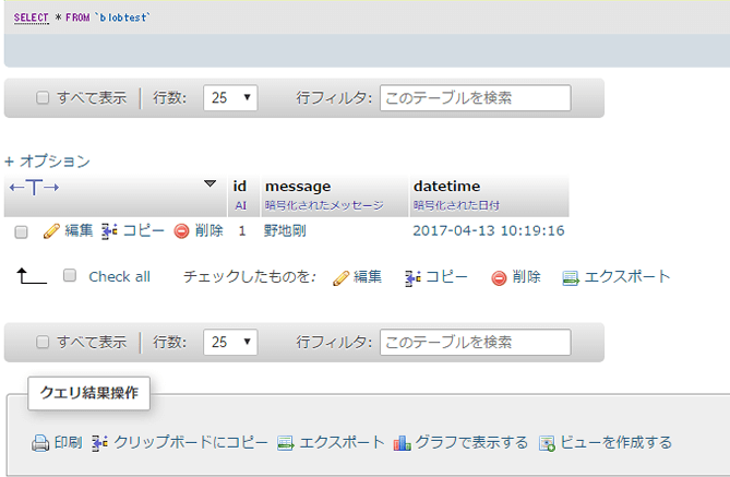 復号されたデータの表示されたBLOB型のデータ