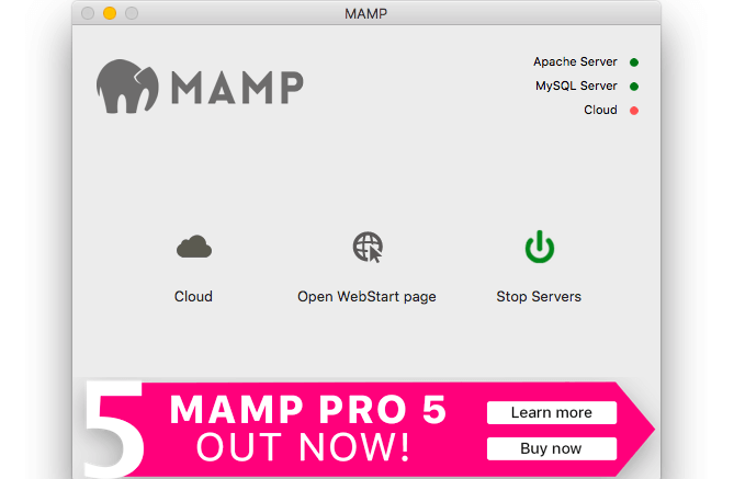 MAMPのApache ServerとMySQLサーバーが有効になった画面