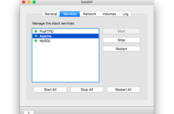 Mac環境での「Service」タブで「Apache」と「MySQL」をスタートさせた画面