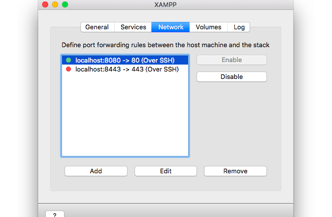 Mac環境での「Network」タブでlocalhost:8080 80(Over SSH)をEnable状態にした画面