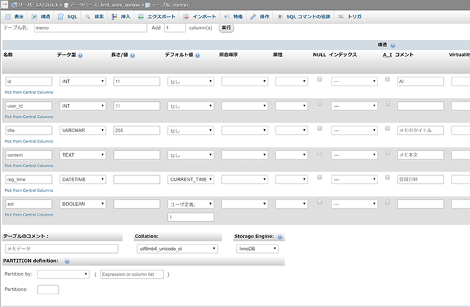 memoテーブルの登録画面