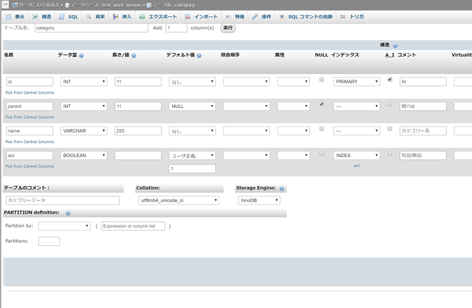 categoryテーブルの登録画面